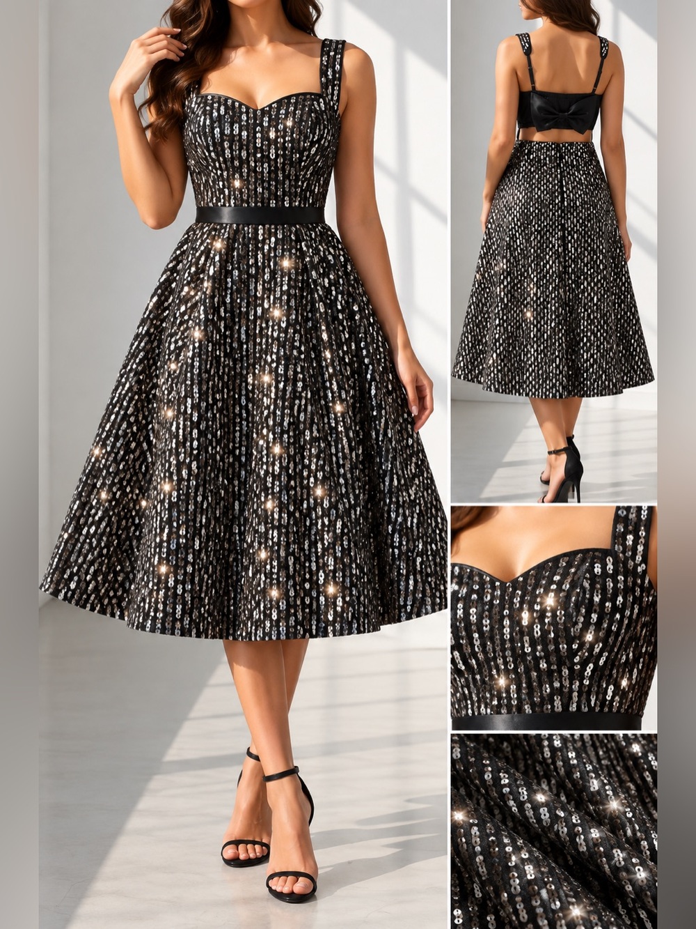 Kensie Black and White Square-Neck Midi Dress